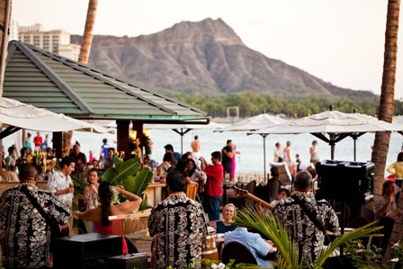 Waikiki bar with view to Diamond Head, Oahu.