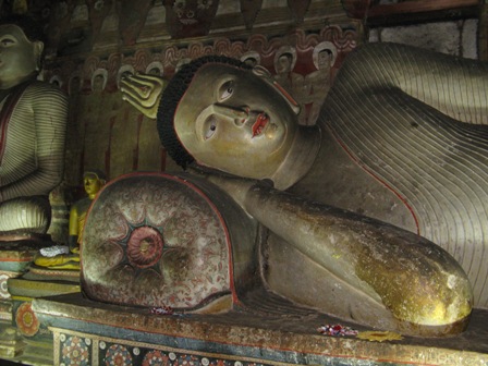 One of Dambulla's many reclining Buddha statues.